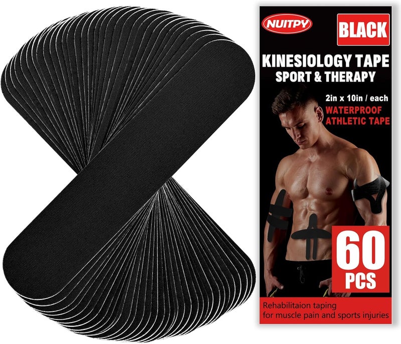 NUITPY 60PCS Precut Kinesiology Tape Strips, 2 inch x 10 inch Athletic Tape, Kinetic Tape, Elastic Muscle Tape, Sports Tape, Knee Tape for Exercise and Daily Use - Black - Image 1